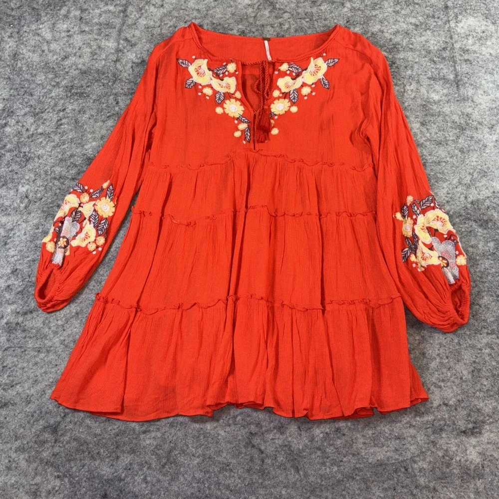 Free People‎ Dress Women's Oversized XS Orange Floral Embroidered Boho Peasant